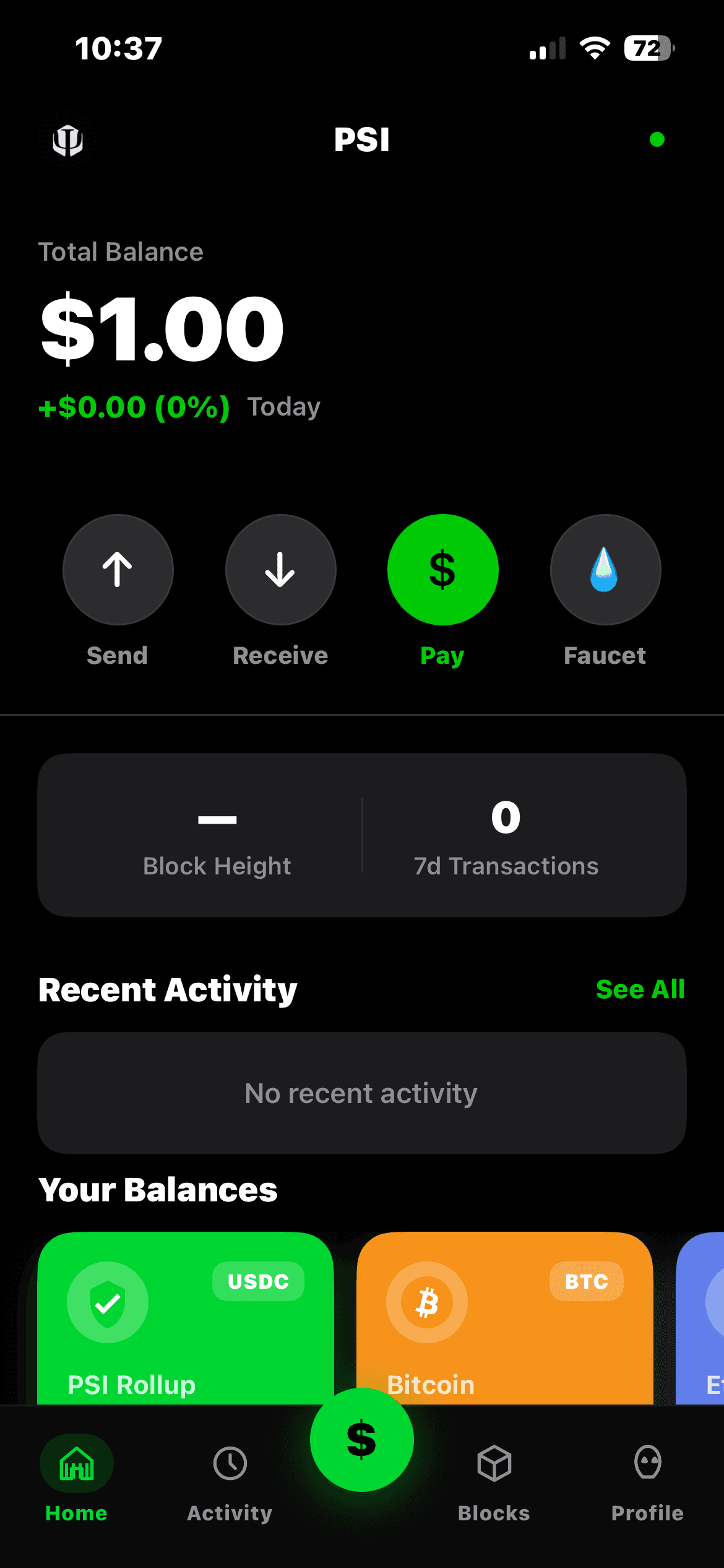 PSI Wallet Home Screen